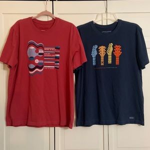 2 LIFE IS GOOD TEES SHORT SLEEVE. RED.NAVY BLUE. MUSIC. GUITAR.T-SHIRT.LARGE